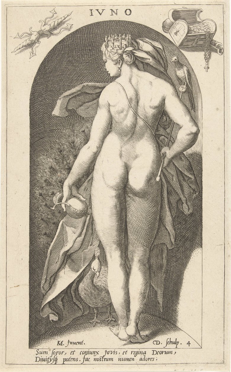 Juno pávával Ivno (cím a tárgyon) Ősi istenek (sorozat címe) alkotó: Cornelis Jacobsz. Drebbel