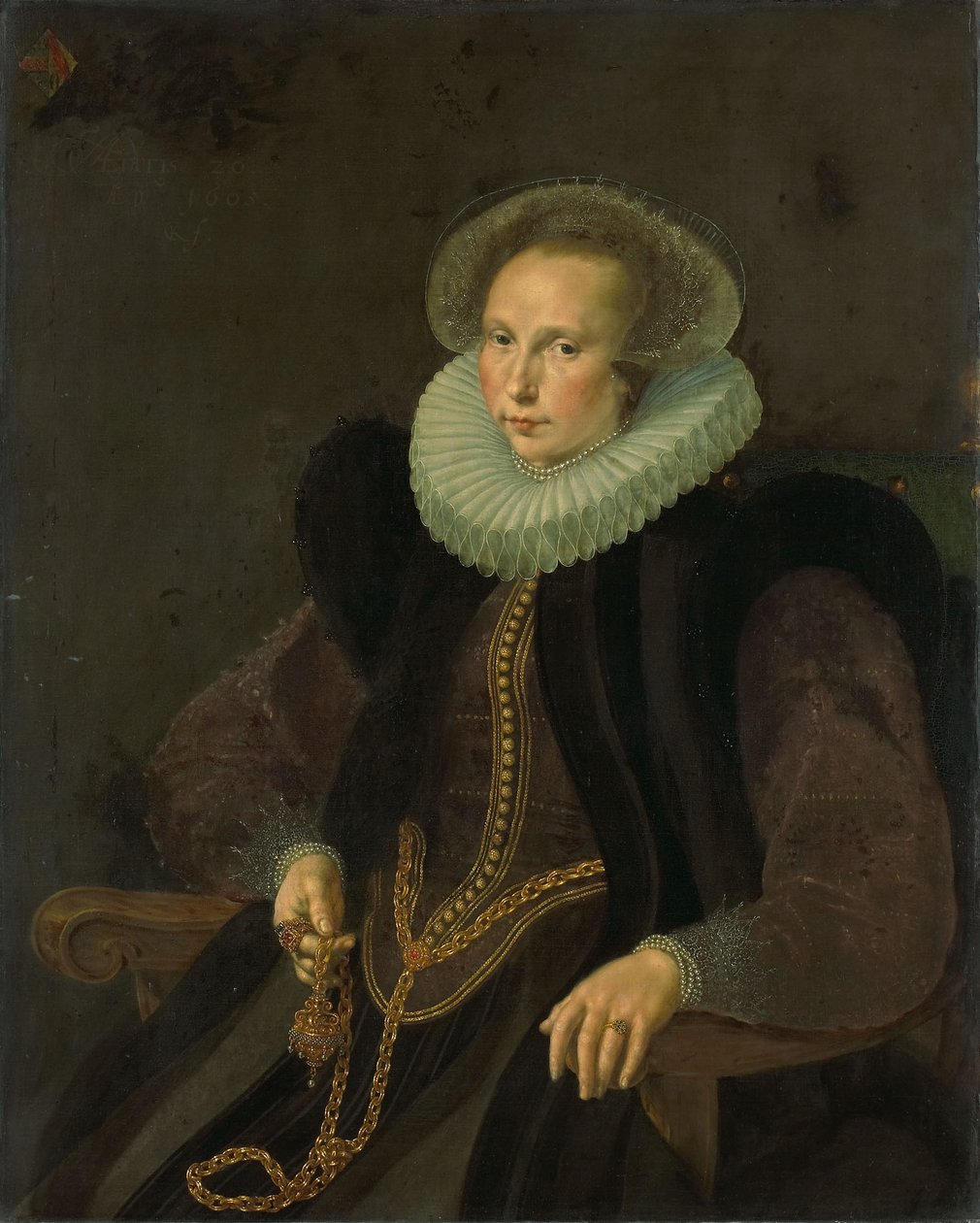 Hollandul: Griete Jacobsdr van Rhijn (1585-1652). Jacob Cornelisz Banjaert felesége, akit van Necknek hívnak Griete Jacobsdr van Rhijn (1585-1652) portréja. Jacob Cornelisz Banjaert, más néven van Neck felesége. alkotó: Cornelis Ketel