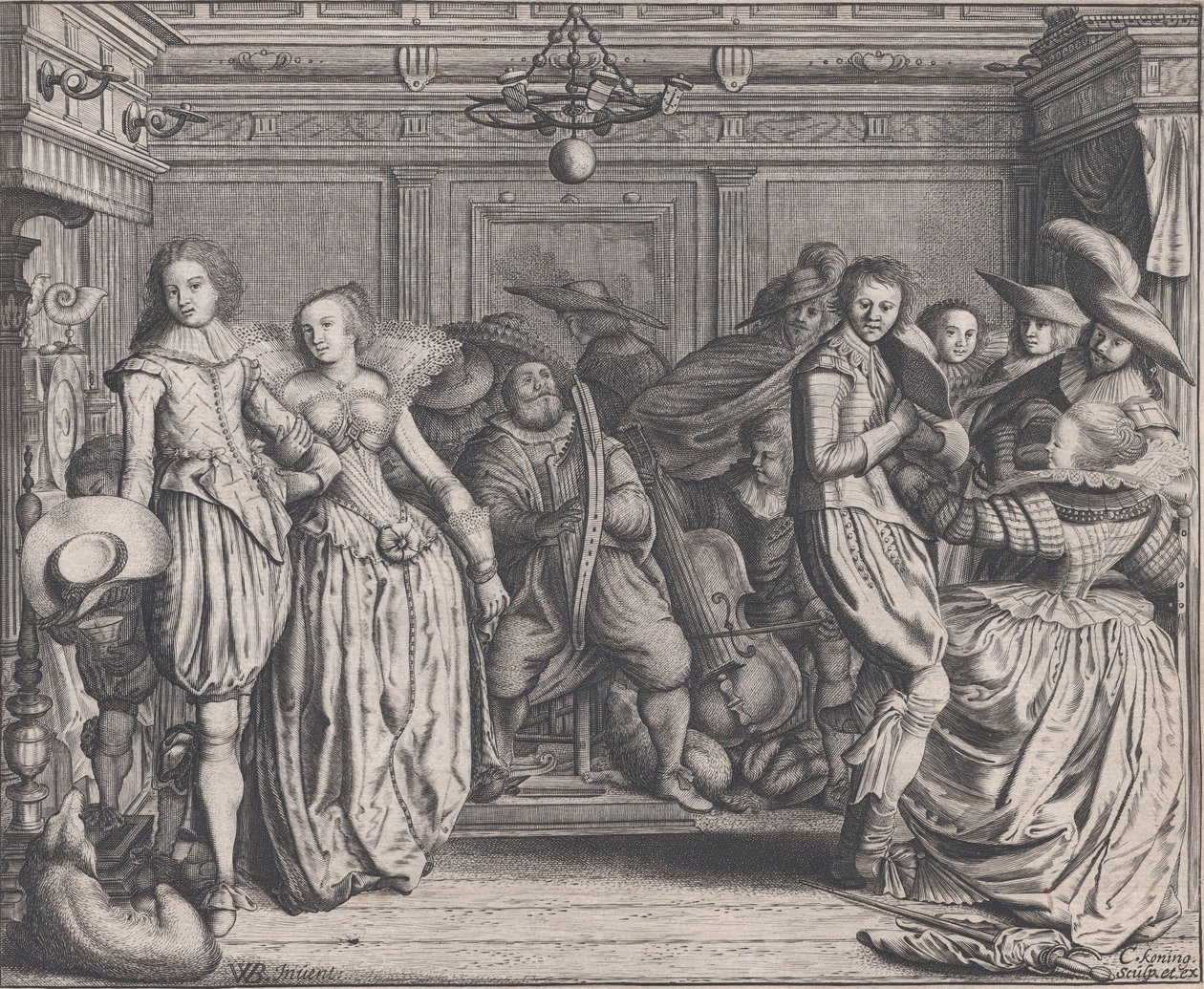 Belső tér táncoló párokkal és zenészekkel, kb. 1620. alkotó: Cornelis Koning