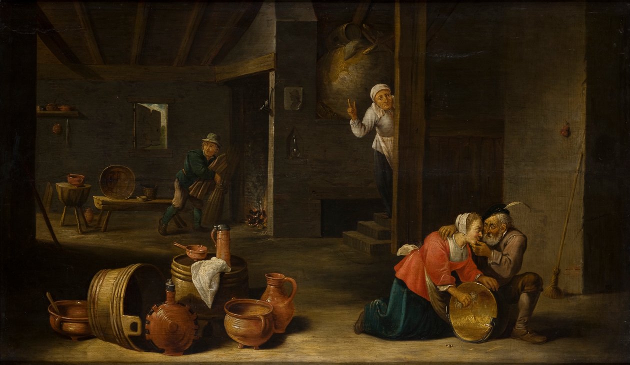 Kellemetlen meglepetés (nem illő pár) (olaj a panelen) alkotó: Cornelis Mahu