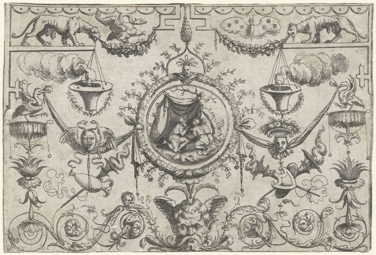 Dísz három figurával, amely egy ruha alatt térdel alkotó: Cornelis Massijs (attributed to)