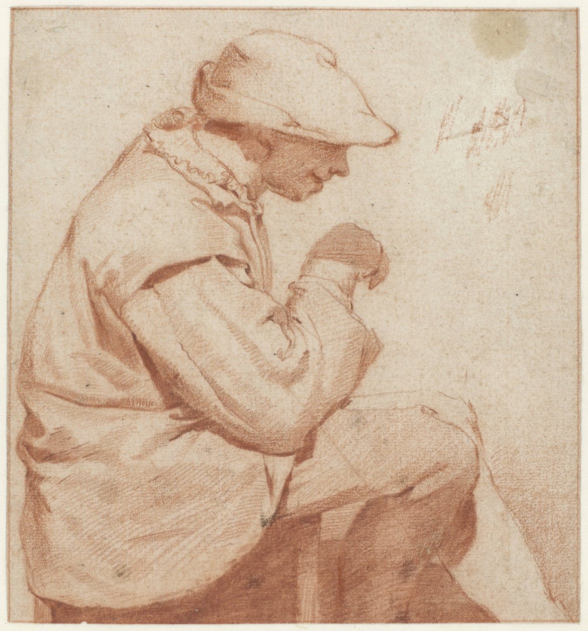 Ülő férfi puha sapkával, profilban jobbra, felemelt jobb kézzel alkotó: Cornelis Pietersz. Bega (attributed to)