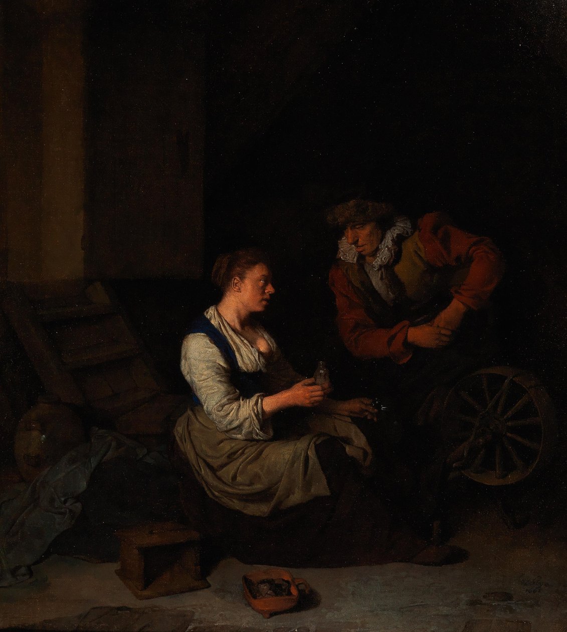 Egy lovas és egy nő a forgó keréknél, 1662. alkotó: Cornelis Pietersz. Bega