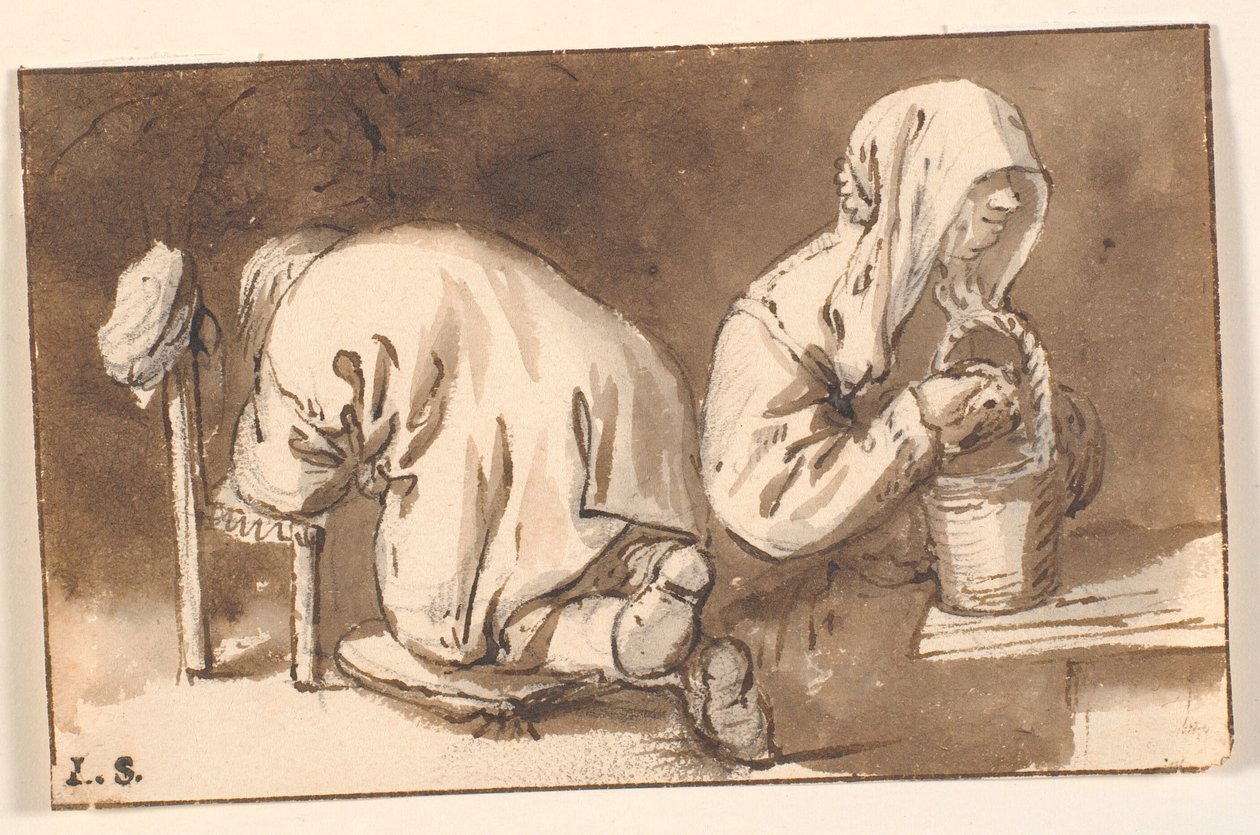 Egy térdelő férfi és egy nő kosárral alkotó: Cornelis Pietersz Bega