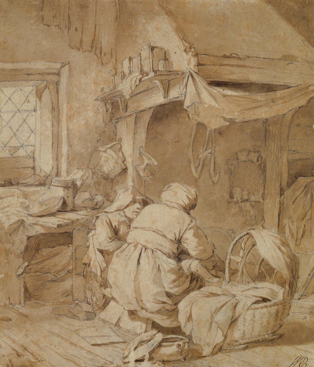 Parasztházi szalon farmerrel, bölcsővel és gyermekkel, 1654 körül (toll és tinta, valamint ceruzával ecsettel papíron) alkotó: Cornelis Pietersz Bega