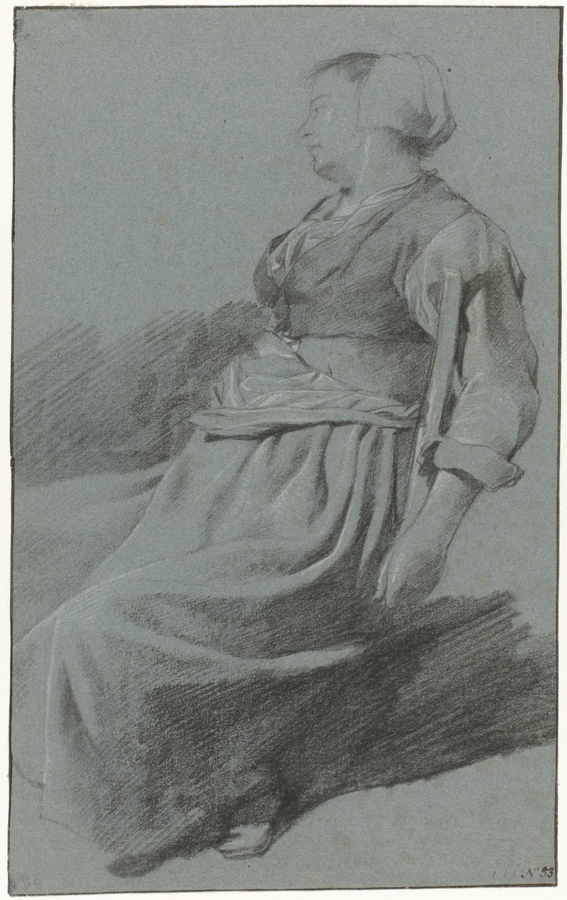 Ülő nő, balra fordulva, sapkát visel, karját a bal szék támlájára akasztotta alkotó: Cornelis Pietersz. Bega