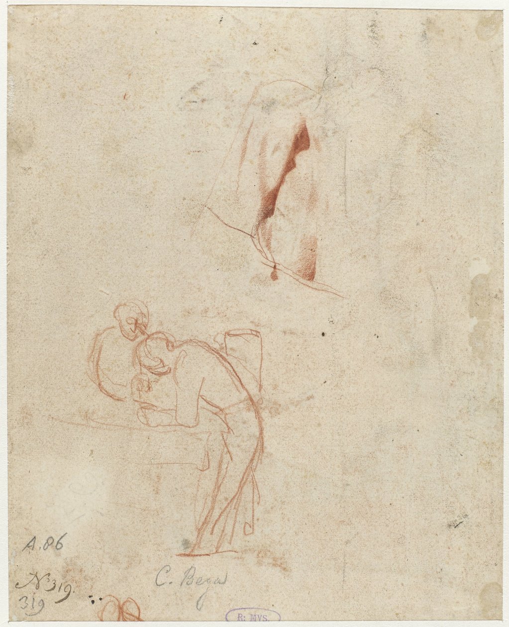Vázlat két álló alakról és egy drapériatanulmányról alkotó: Cornelis Pietersz. Bega
