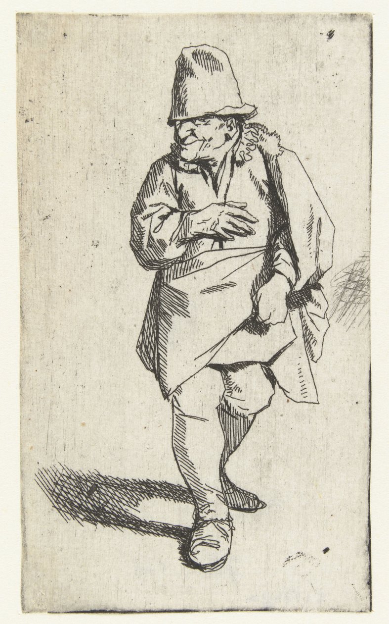 Álló férfi cilinderrel vagy sapkával, jobb kézzel a mellkas előtt alkotó: Cornelis Pietersz. Bega
