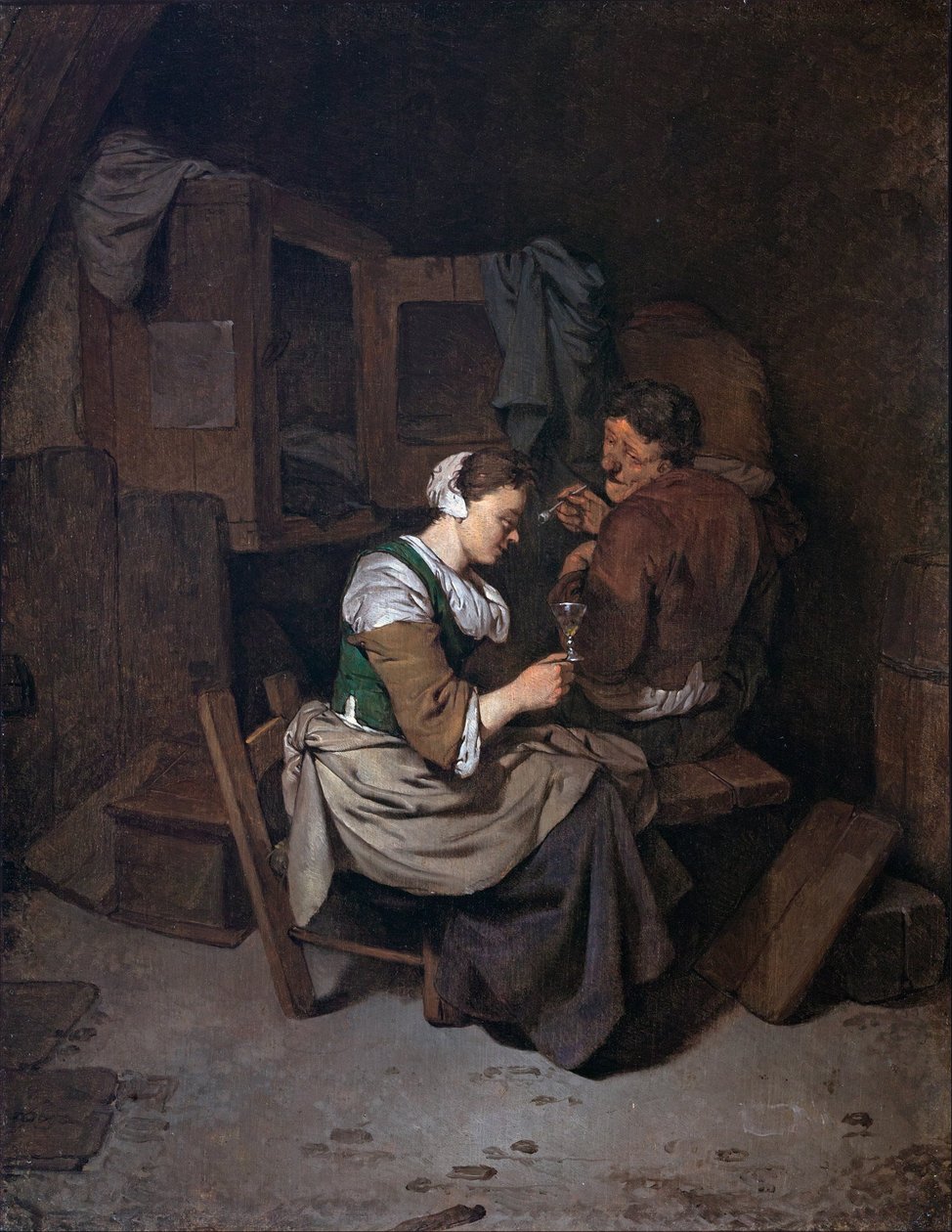 Nő borospohárral és két férfi parasztemberrel alkotó: Cornelis Pietersz Bega