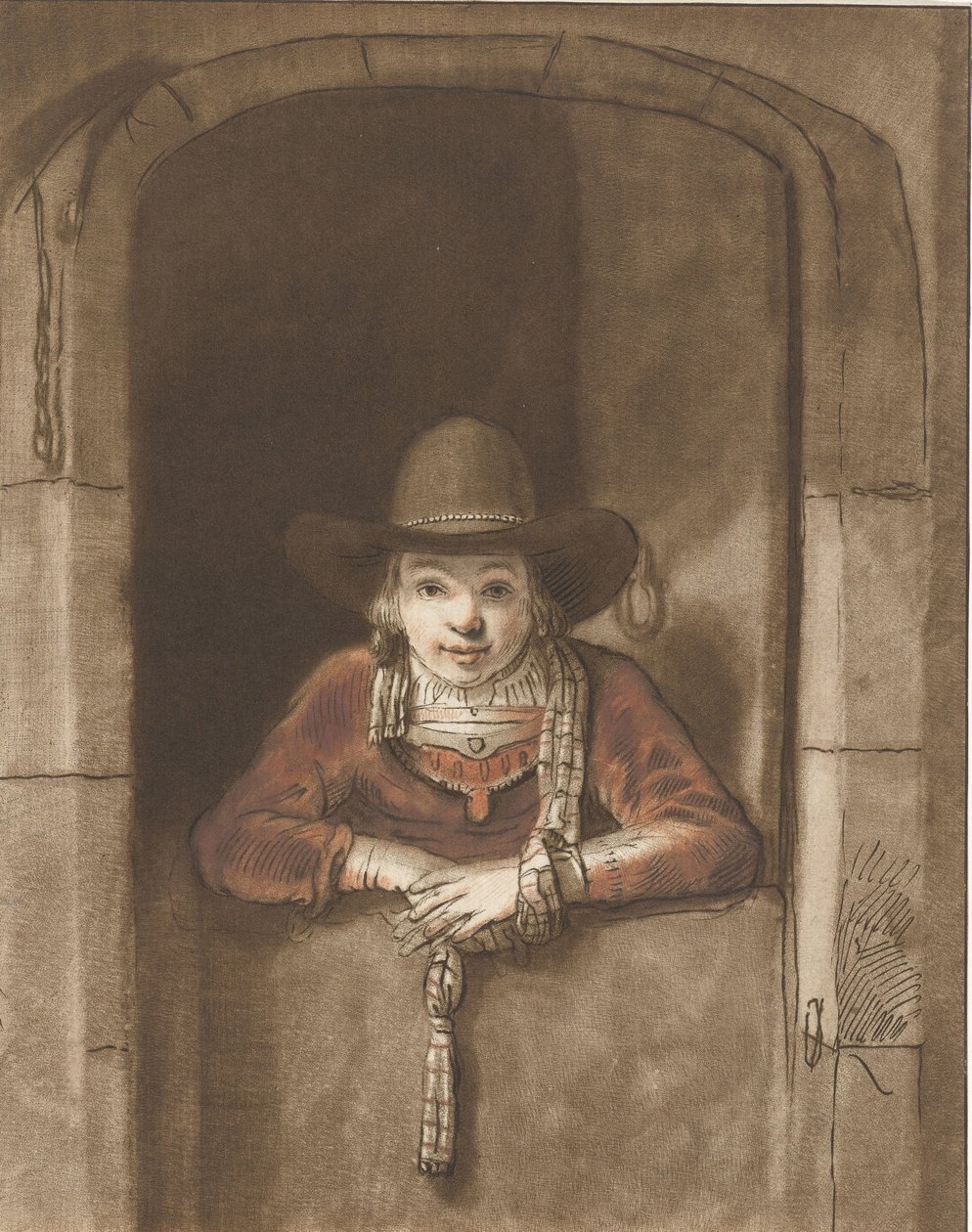 Fiú egy alsó ajtó fölé hajolva alkotó: Cornelis Ploos van Amstel (signed by artist)