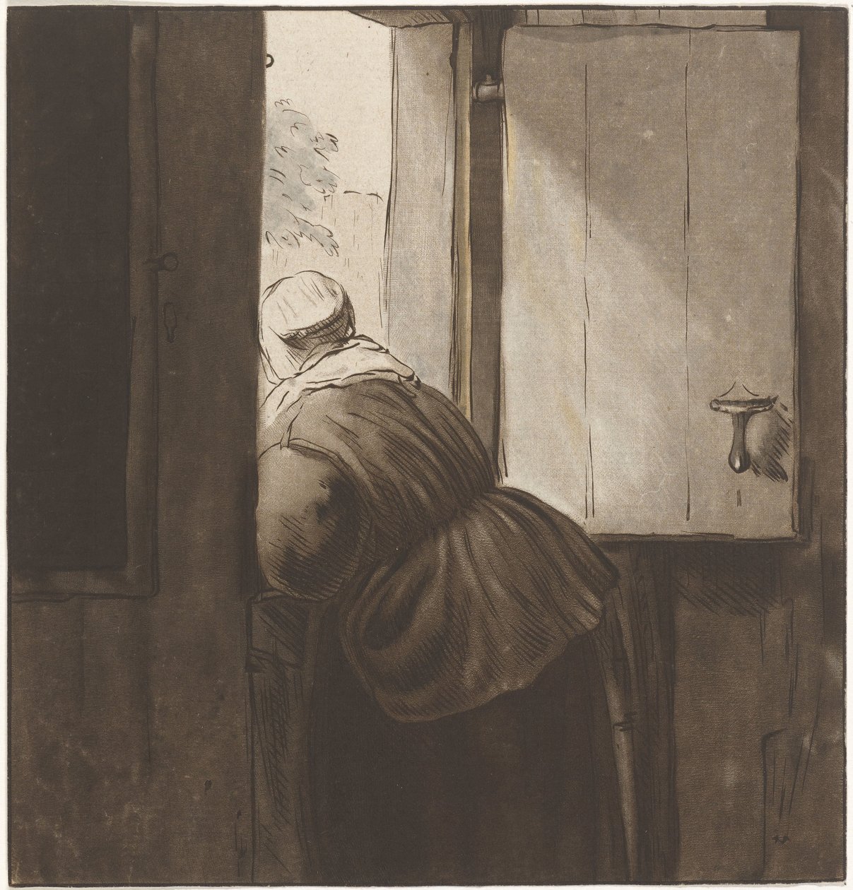 Nő egy alsó ajtó fölé hajolva alkotó: Cornelis Ploos van Amstel (signed by artist)