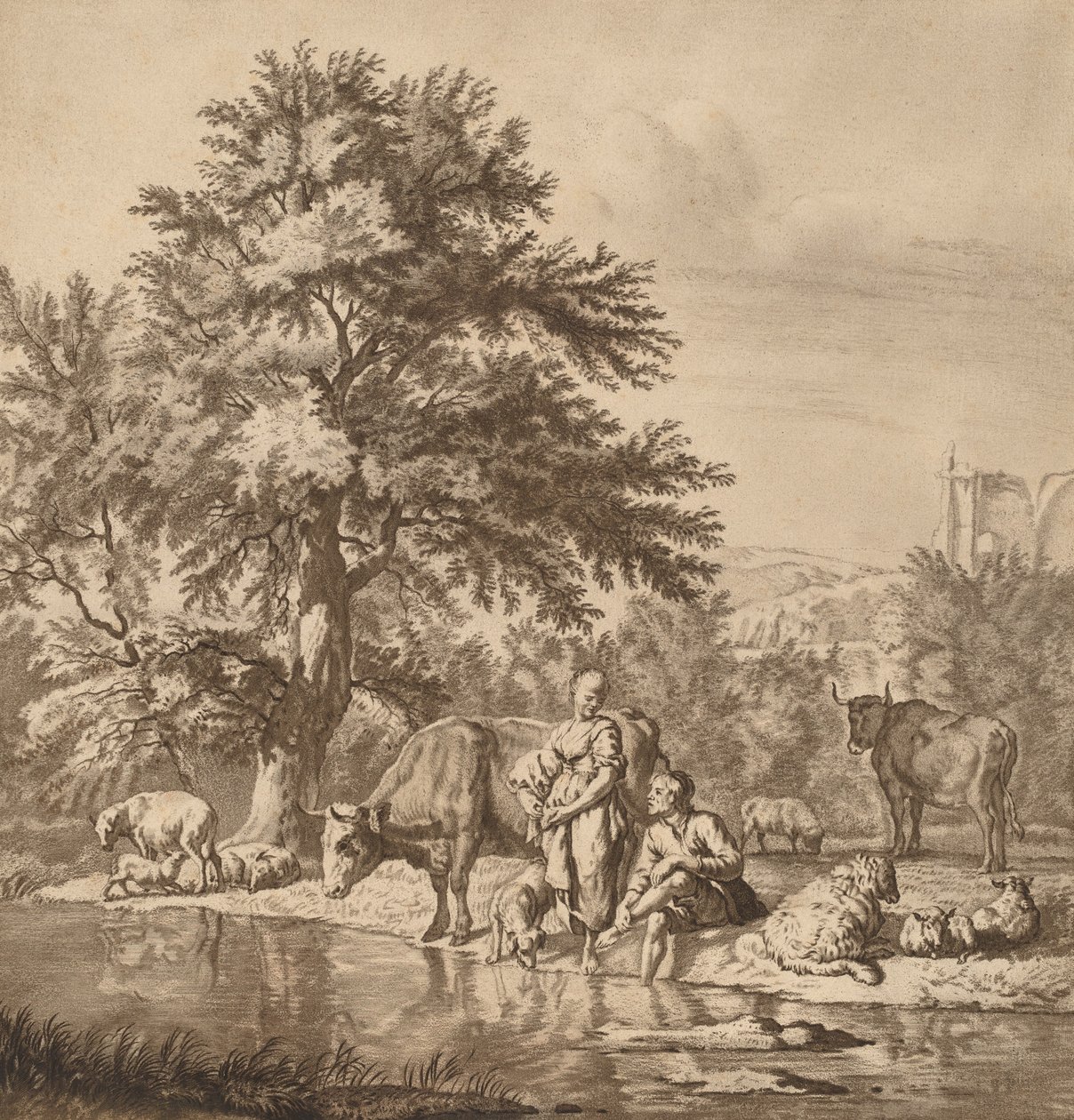 Pásztor és pásztorlány a nyájukkal, 1763, 1765-ben jelent meg. alkotó: Cornelis Ploos van Amstel