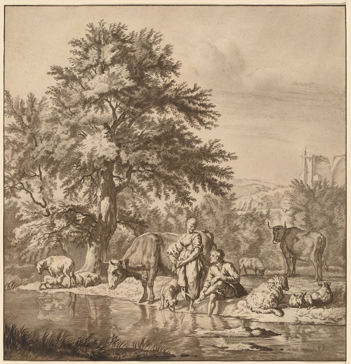 Pásztor és pásztorlány a nyájukkal alkotó: Cornelis Ploos van Amstel after Adriaen