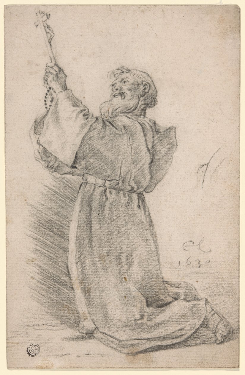 Térdelő szerzetes, kezében egy feszület alkotó: Cornelis Saftleven