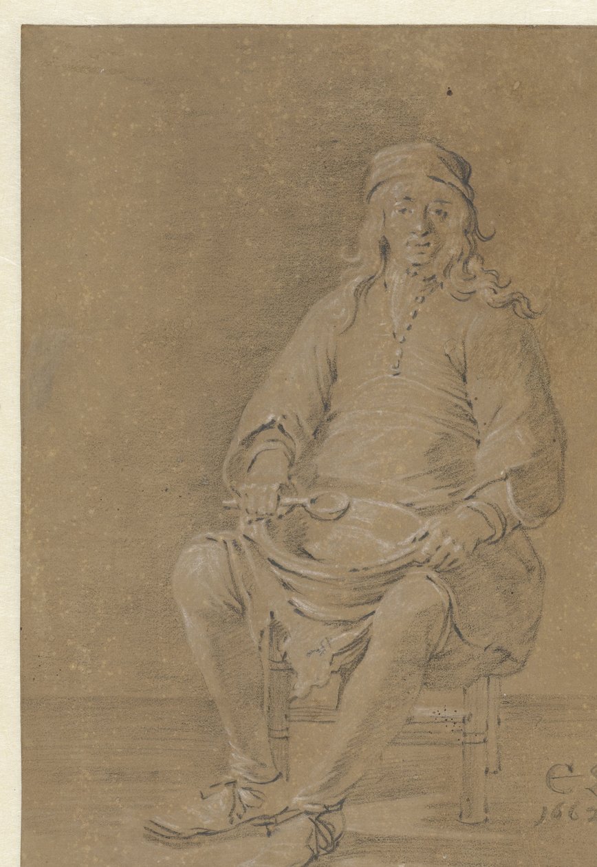 Ülő férfi egy tállal az ölében alkotó: Cornelis Saftleven