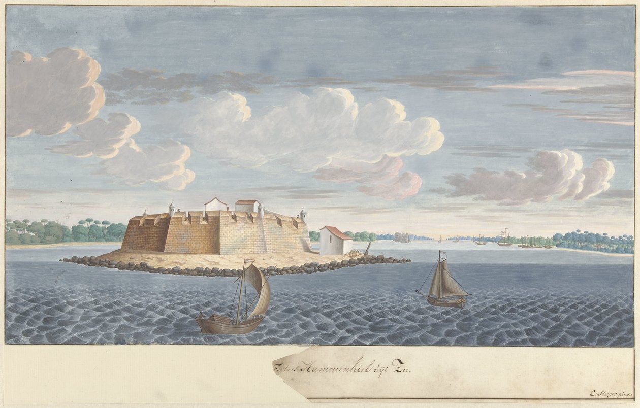 Fort Hammenhiel (Hummenil) Ceylonban, a tenger felől nézve Fortres Hammenhiel a tengerből (cím az objektumon) alkotó: Cornelis Steiger