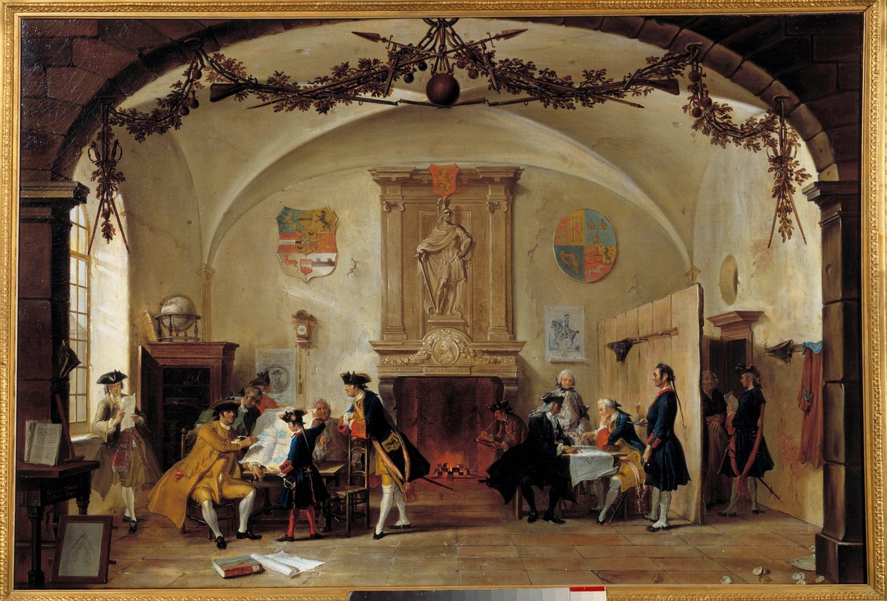 A Franciaország elleni háború allegóriája A holland katonák a spanyol örökösödési háború (1701-1714), valamint az Anglia, Hollandia és Poroszország által alkotott koalíció közötti stratégiákat tanulmányozzák Franciaország és Spanyolország között. Cornelis  alkotó: Cornelis Troost