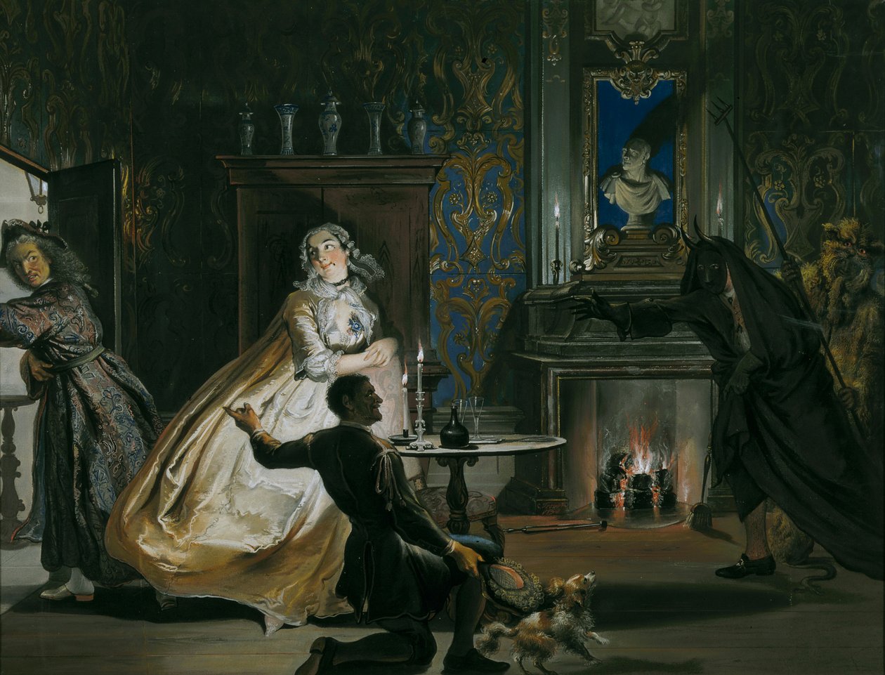 Ulrich kapitány vagy a kapzsiság meghiúsult: álcázott, Godefroy és szolgája repülésre küldi Ulrich kapitányt, 1738 alkotó: Cornelis Troost