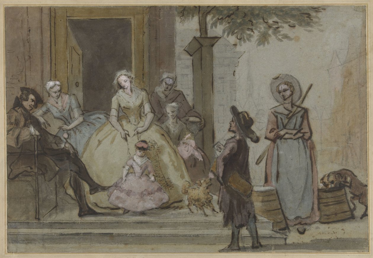 Hurdy-gurdy lejátszó egy hallgató család számára egy városi ház lépcsőjén alkotó: Cornelis Troost