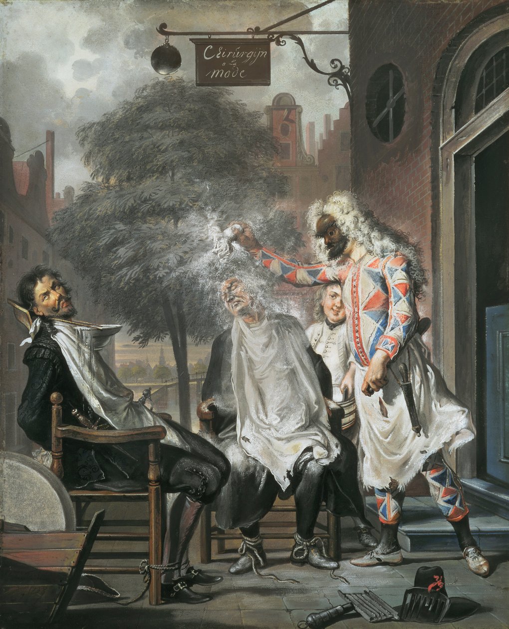 Harlekin, bűvész és borbély: A riválisok lelepleződnek, 1738 alkotó: Cornelis Troost