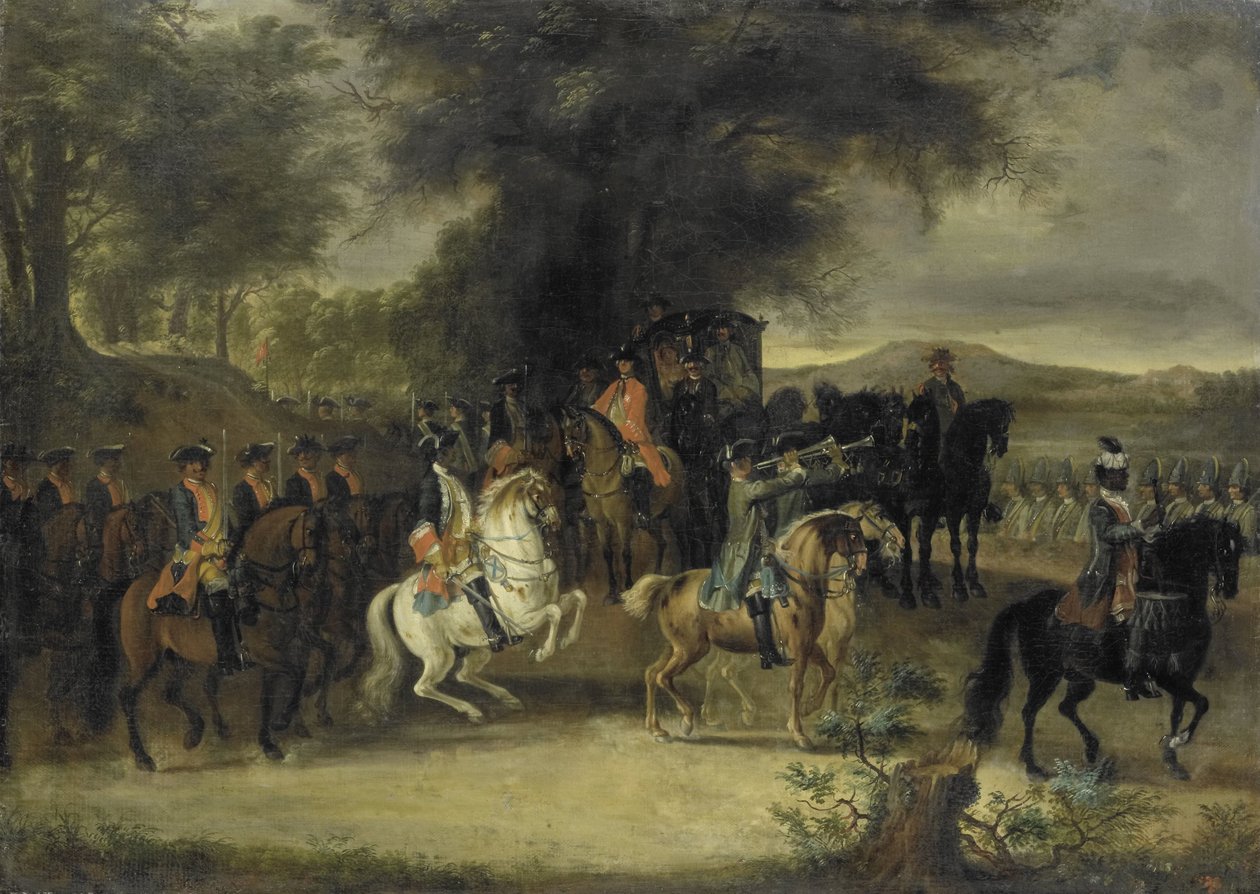 Egy lovasezred ellenőrzése, talán Hessen-Homburgi Vilmos alkotó: Cornelis Troost