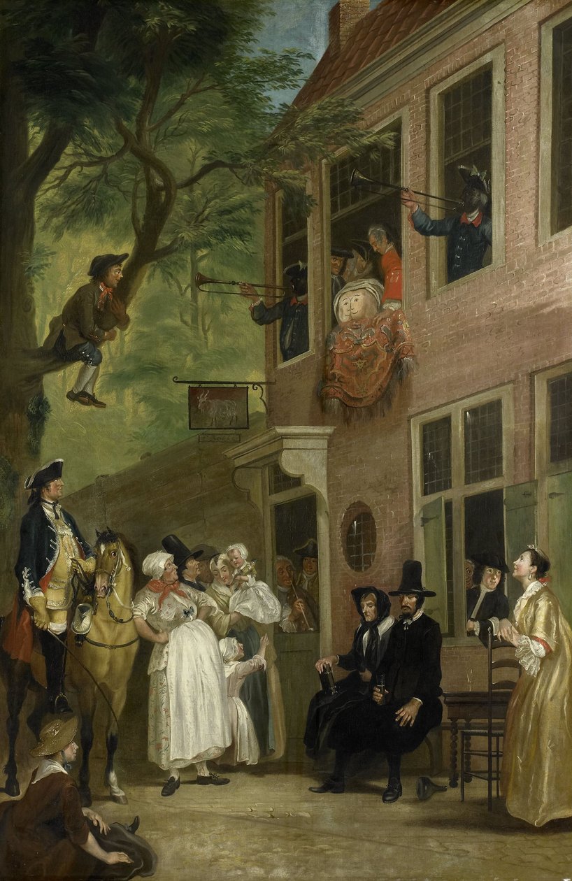 Félrevezetve: A gazemberek nagykövete kitárulkozik a "t Bokki Tavern ablakából a Haarlemmerhoutban, 1739 körül alkotó: Cornelis Troost