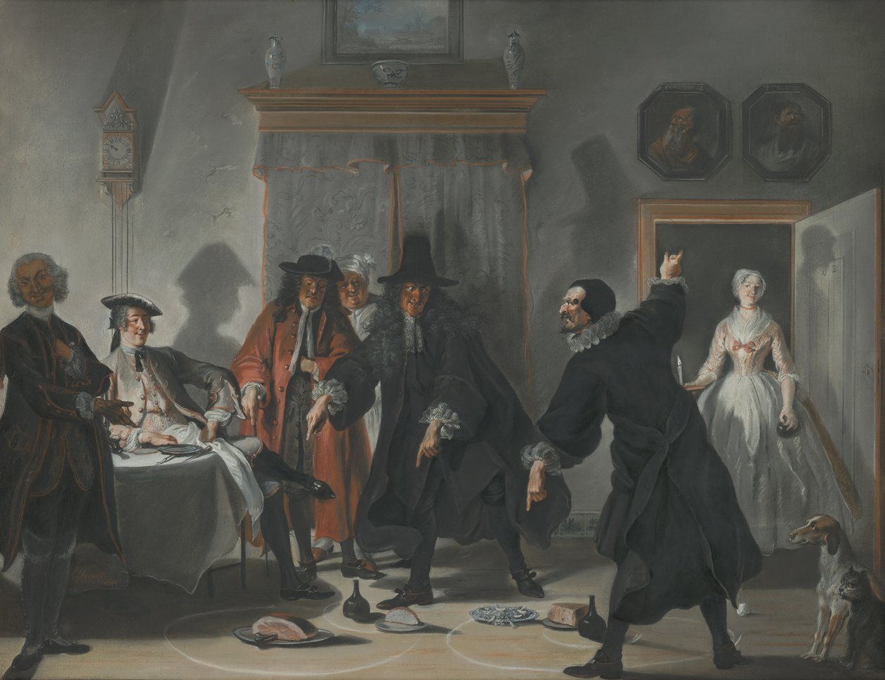 A matematikusok vagy a fiatal hölgy, aki elmenekült: vita doktorok Raasbollius és Urinaal között, 1741 alkotó: Cornelis Troost