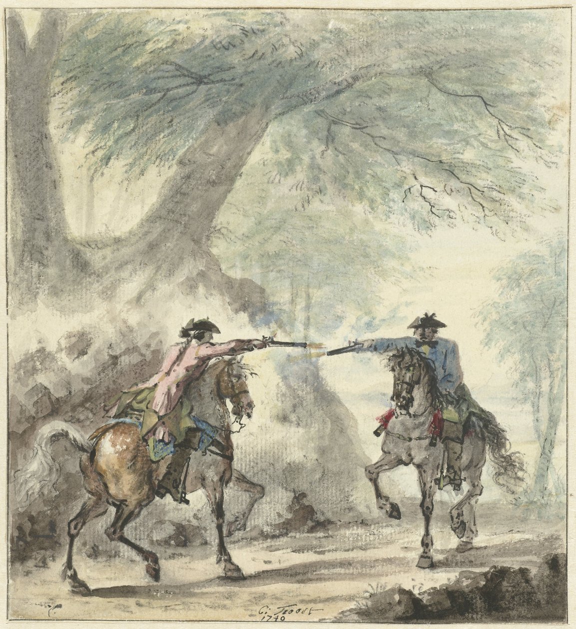 Két lovas, találkoznak egy erdei úton, és tüzelnek egymásra alkotó: Cornelis Troost