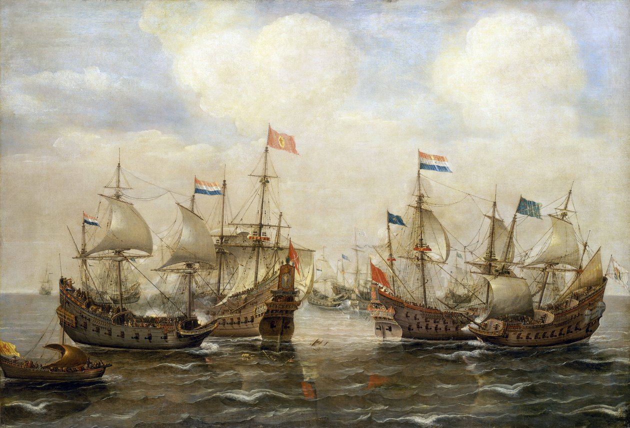 Összecsapás a spanyolok és a hollandok között, 1630 körül, minden hajónak saját zászlója van, balra egy hajó a Holland Általános Államok zászlaját viseli. alkotó: Cornelis Verbeeck