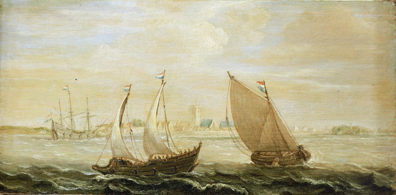 Egy jacht és egy kis holland vitorlás hajó a Zuiderzee (Északi-tenger) egyik kikötőjének partjainál, a horizonton a városra, jobbra a homokdűnékre nyílik kilátás. alkotó: Cornelis Verbeeck