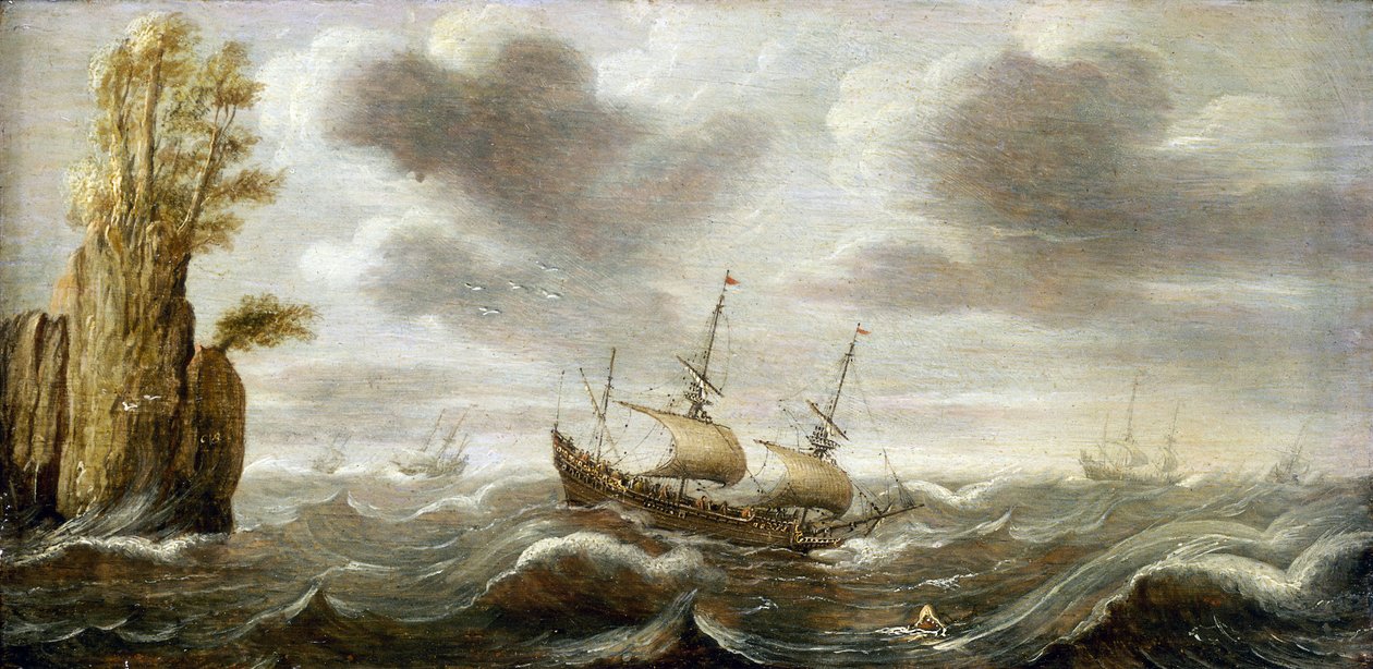 Holland hajó a háborgó tengeren, egy szikláról lefordulva, a csúcsán növényzet, a horizonton más hajók láthatók. alkotó: Cornelis Verbeeck