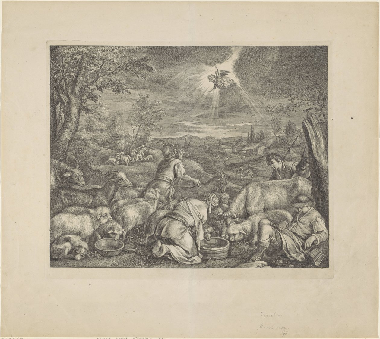 Ábrahám elmegy Sikembe / Angyali üdvözlet a pásztoroknak Királyi Biblia (sorozat címe) alkotó: Cornelis Visscher (II)