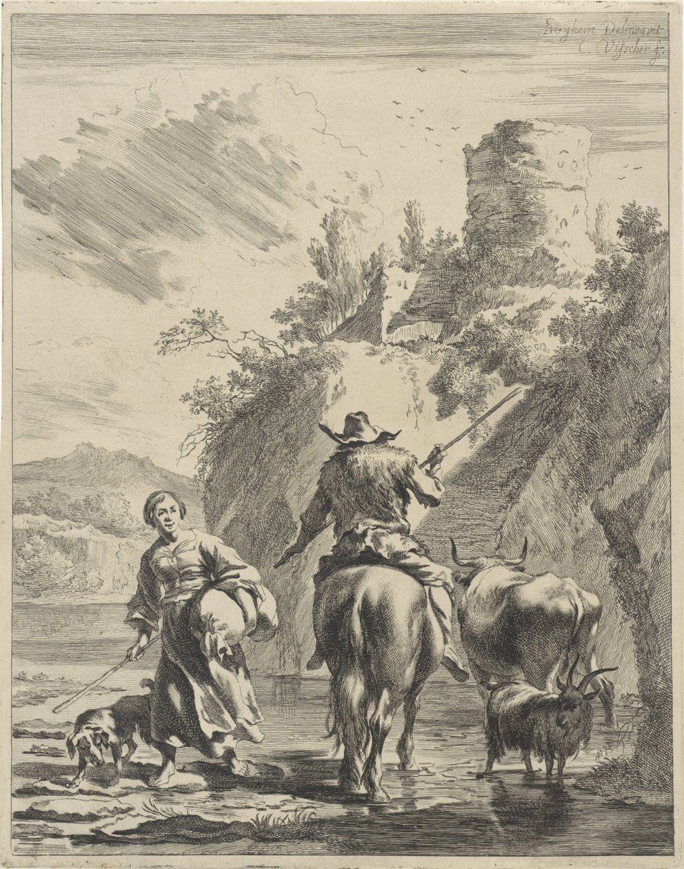 Pásztor és pásztorlány egy erődben Gördülő tájak (sorozat címe) alkotó: Cornelis Visscher (II)