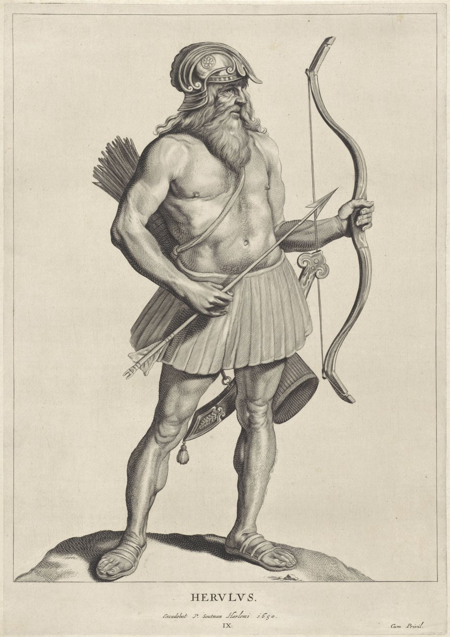 herulian Herulus (cím az objektumon) Oude hier woonachtige volken (sorozat címe) Peplus vagy a gótok, vandálok, svábok, heruli, gepidák, markomannok és az ősi négyes képek Marcus Zuerius Boxhornius ókori műemlékeiből és múzeumából (cicike sorozat) alkotó: Cornelis Visscher (II)