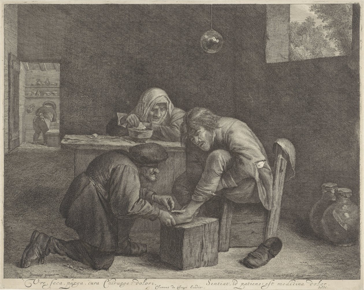 Férfi az orvosnál Béke, seca, purga, cura sebész! dolori (cím a tárgyon) alkotó: Cornelis Visscher (II)