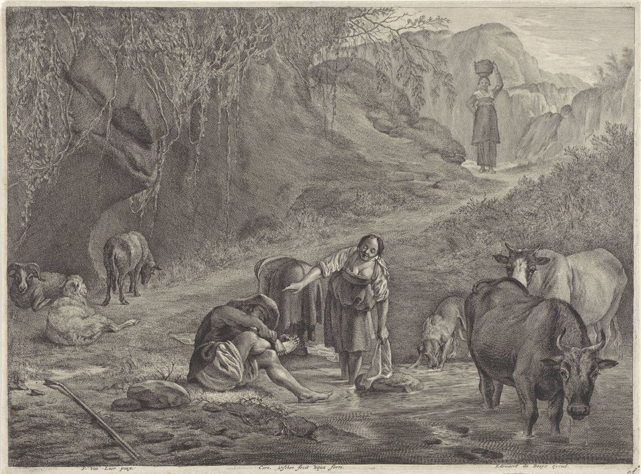 Mosók és egy juhász a vízparton alkotó: Cornelis Visscher (II)