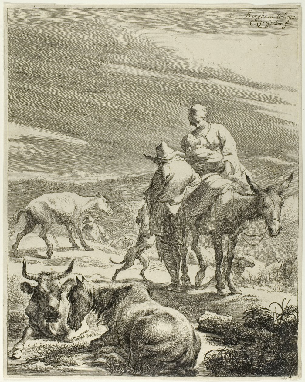 Egy anya és egy szamárháton lovagló gyermek, 4. tányér a Négy tájképből alkotó: Cornelis Visscher