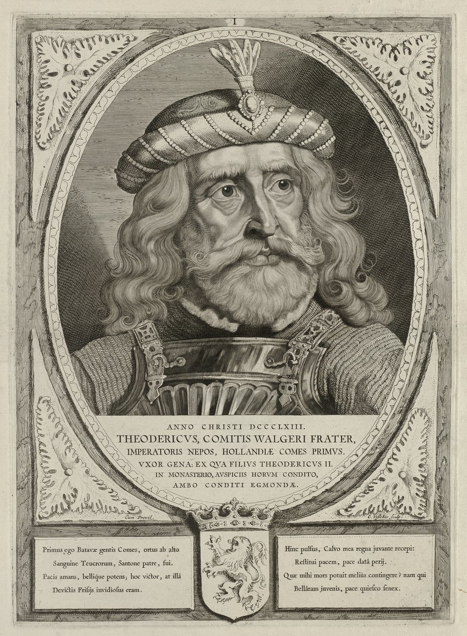 I. Dirk, Hollandia grófja, páncélban. A keretet Hollandia címere díszíti. NL-HlmNHA 1477 53012894 alkotó: Cornelis Visscher