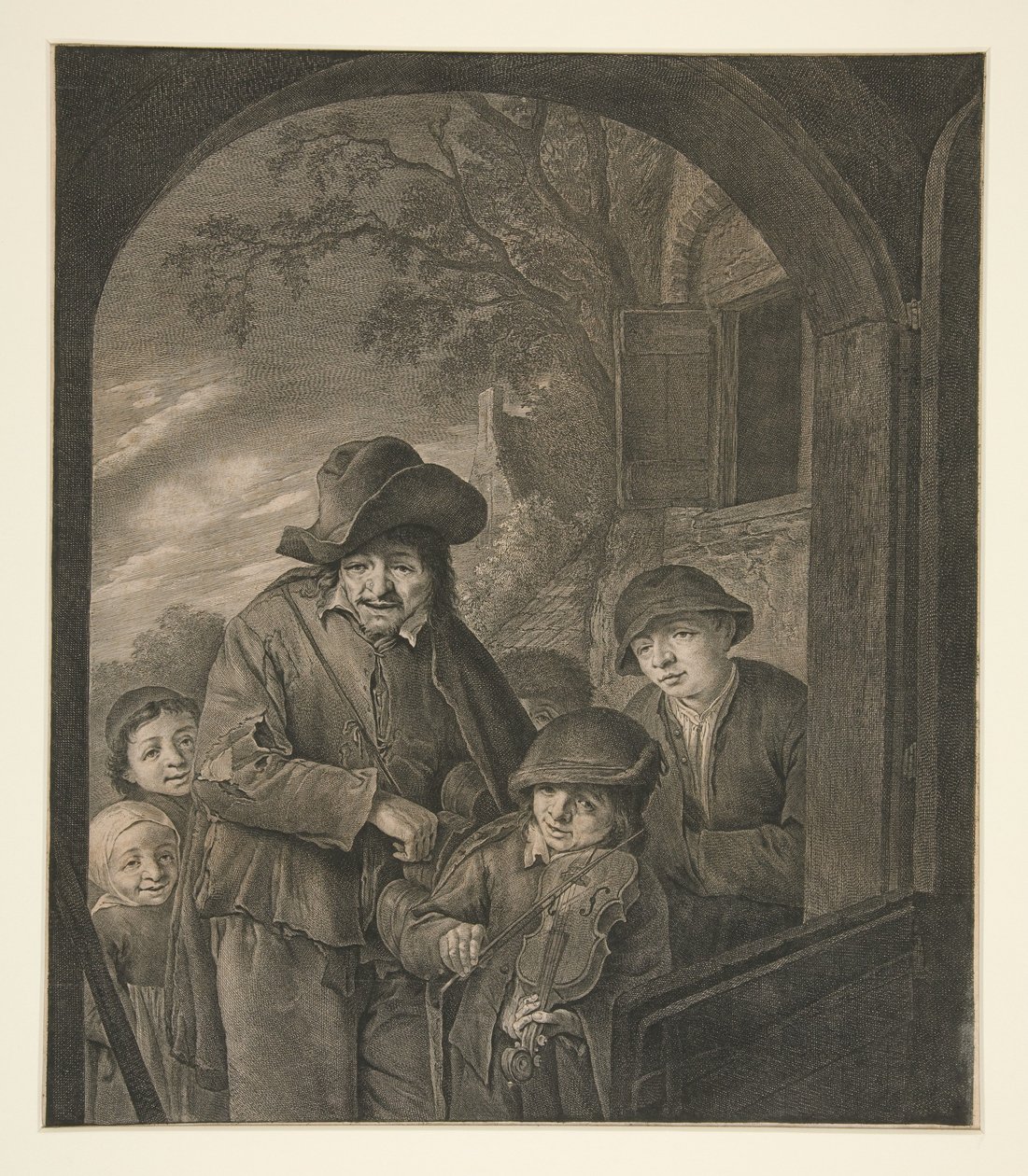 Cím nélkül (Zenészek egy fogadó ajtajánál) alkotó: Cornelis Visscher