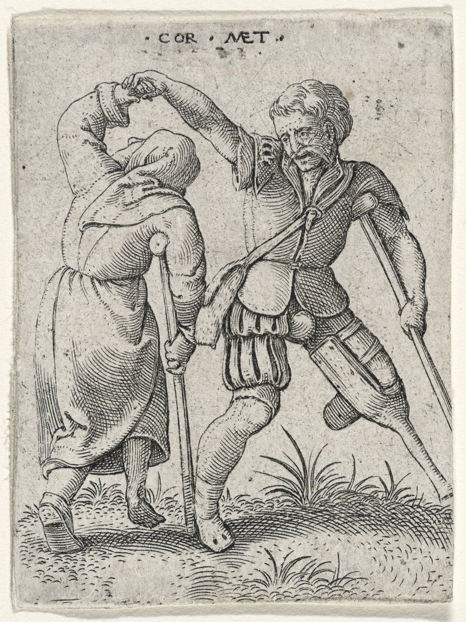 Egy fa lábú férfi, aki sánta nőt forgat a hóna alatt, 1572 (metszet fektetett papírra) alkotó: Cornelis after Massys