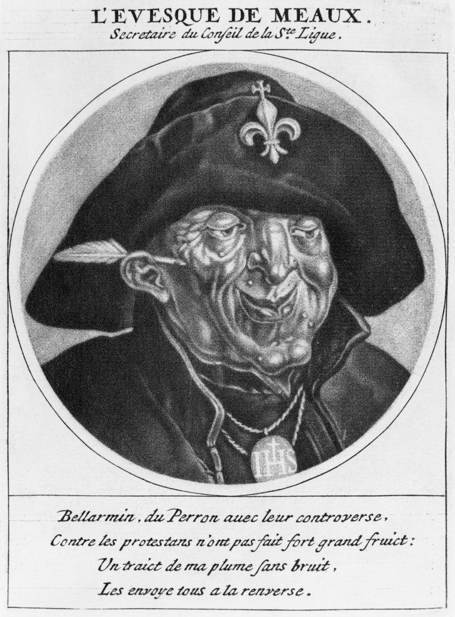 Bossuet meaux-i püspök protestáns karikatúrája, a Les Heros de La Ligue vagy a La Procession monacale illusztrációja, XIV. Lajos vezetésével, királysága, Párizs protestánsainak megtérésére, alkotó: Cornelis and Gole, Jacob Dusart