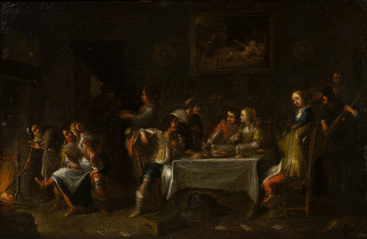 Hölgyek és urak lakomáznak egy asztal körül, 1612-67 körül (olaj, vászon és papír) alkotó: Cornelis de (attr. to) Wael