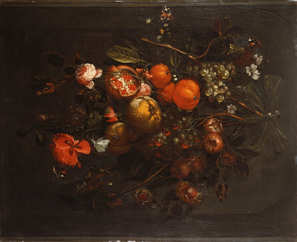 Egy csokor gyümölcs és virág lóg egy szögben egy fülkében alkotó: Cornelis de Heem