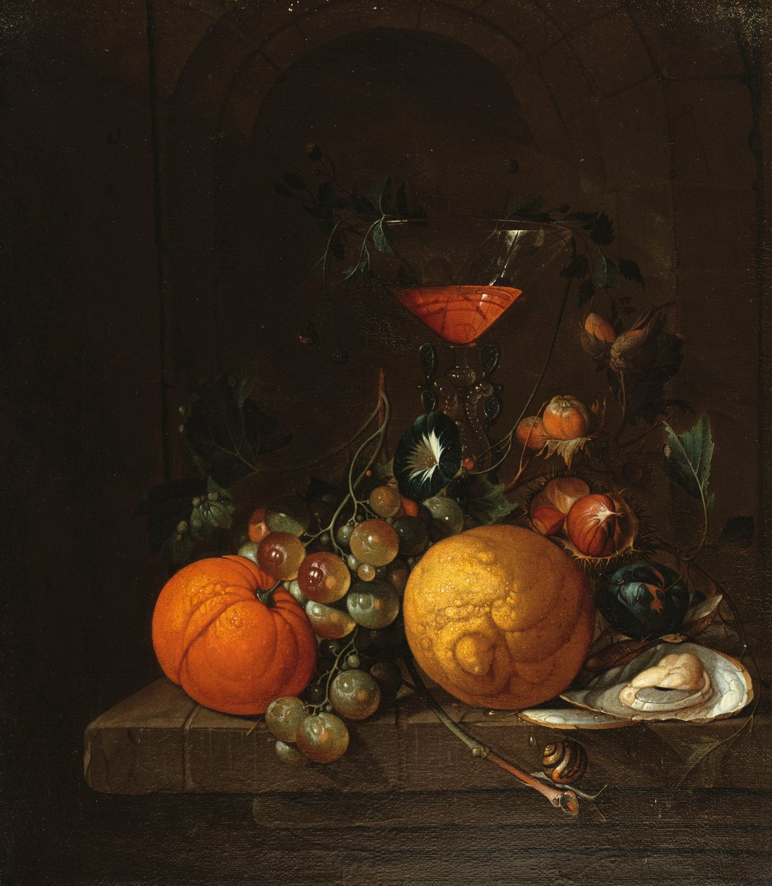 Egy citrom, egy narancs, szőlő, egy osztriga és egy pohár bor a párkányon alkotó: Cornelis de Heem