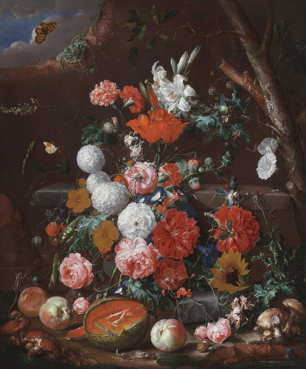 Virágok és gyümölcsök csendélete egy kő talapzaton egy kertben alkotó: Cornelis de Heem