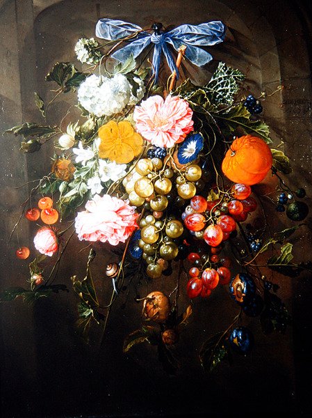 Virágok és gyümölcsök csendélete kék masnival kötve alkotó: Cornelis de Heem