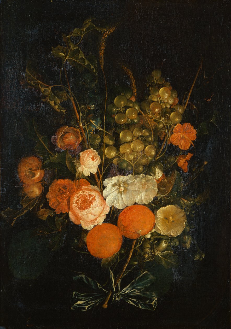 Csokor rózsa, szegfű, narancs, szőlő, makk és gesztenye (olaj, vászon) alkotó: Cornelis de Heem