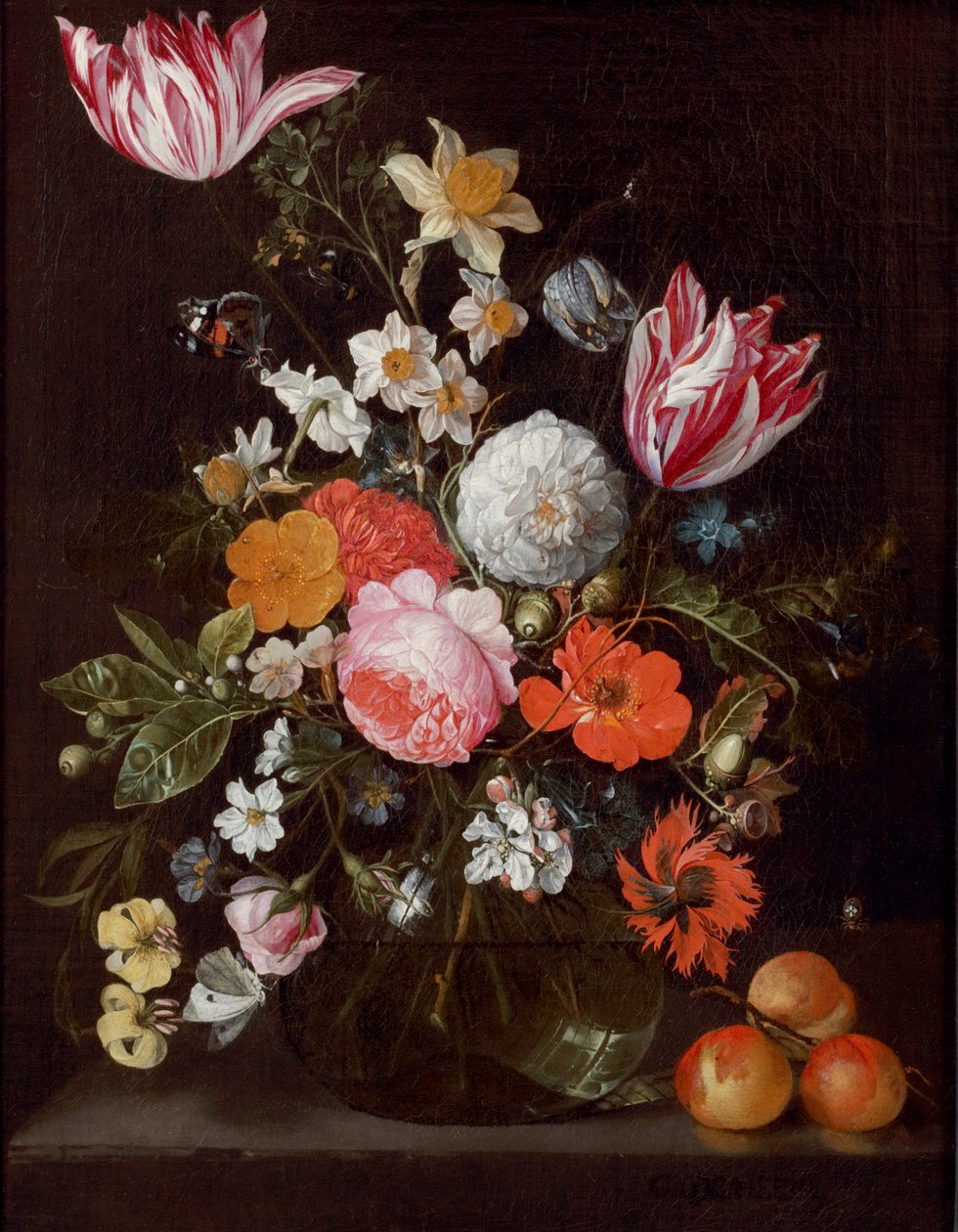 Virágok üvegvázában egy kőpárkányon sárgabarackkal alkotó: Cornelis de Heem