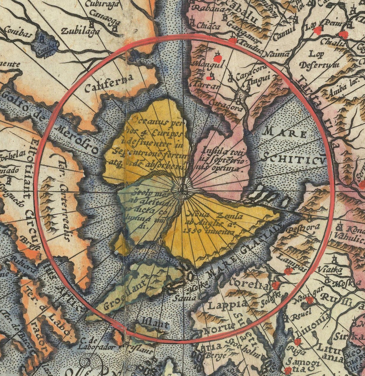 Világtérkép részlete - Artic, mágneses sziget az Északi-sarkkal alkotó: Cornelis de Jode