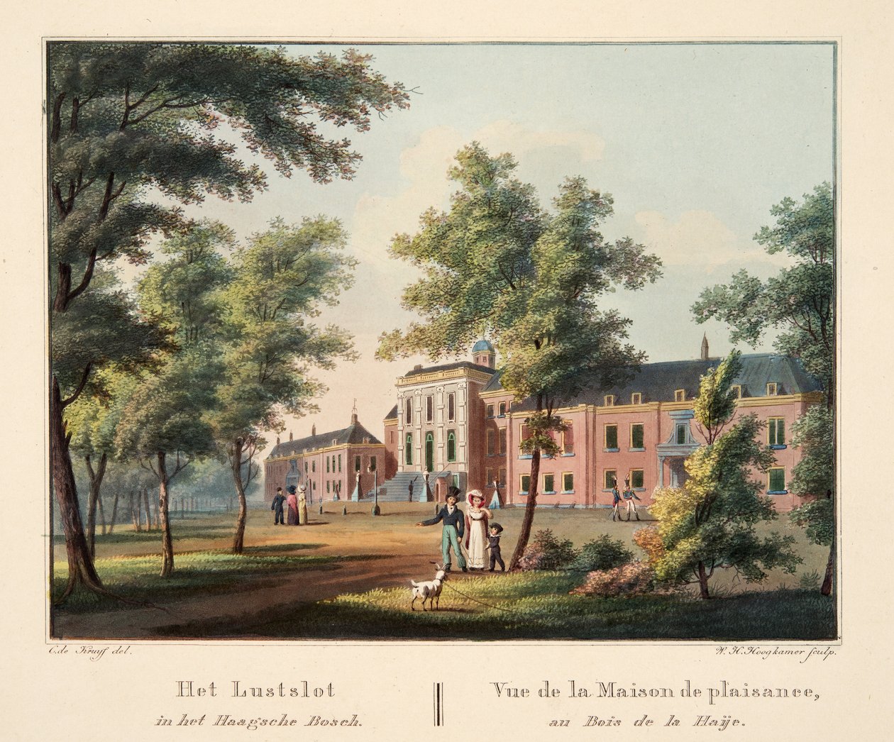Het Lustslot in het Haagsche Bosch. A Haije Wood-i örömház látképe, 1825 (kézi színezésű metszet) alkotó: Cornelis de Kruyff
